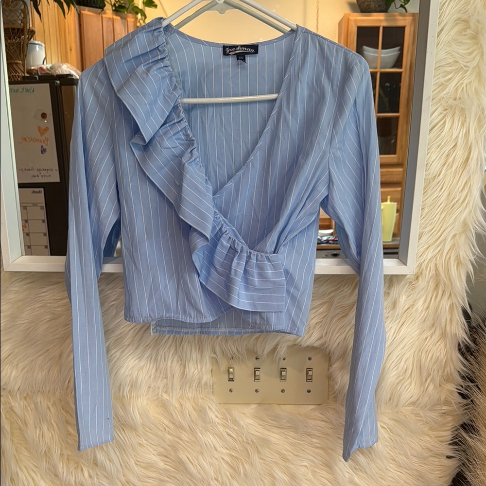 Blue Asymmetrical Ruffle Crop Blouse Y2K Coquette Striped Top XS